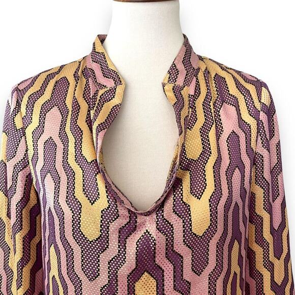 Tory Burch Multicolor Long Sleeve Split V-Neck Geometric Blouse Top Size 6 - Picture 2 of 10
